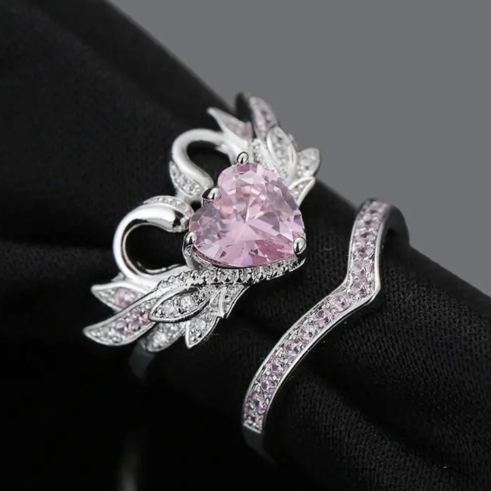 2pc/set Women's Cubic Zirconia Pink Heart Angel Wings Ring & Band